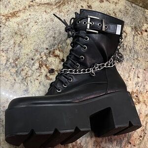 Dolls Kill Black Platform Combat Boots with Chain & Buckle